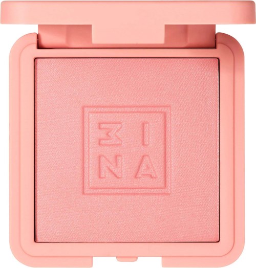 A pink makeup compact with a pressed powder, featuring a square logo with the letters '3INA'.