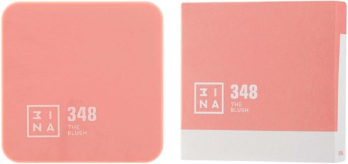 Pink blush compact with packaging. Both have a white logo and text, indicating it's for makeup.