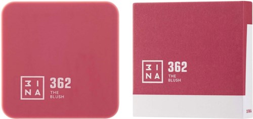 Pink blush compact and a box with similar pink color and white label, featuring the brand 3INA and product name.