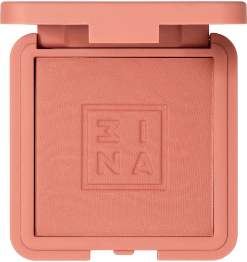 En rosa rouge med en kvadratlogga som läser '3INA'. Den har en slät yta och en lätt upphöjd design.