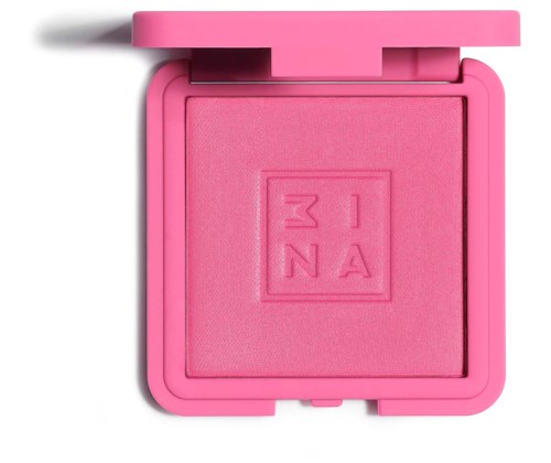 Pink square makeup blush with a lid and embossed logo in the center.