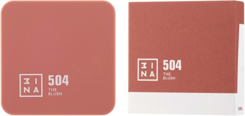 En rouge-färgad makeuppuder och dess låda, båda märkt '504 THE BLUSH' med en minimalistisk design.