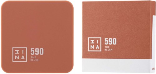En blushkladaska och dess box i en mjuk rosa nyans med vit text och en logga.