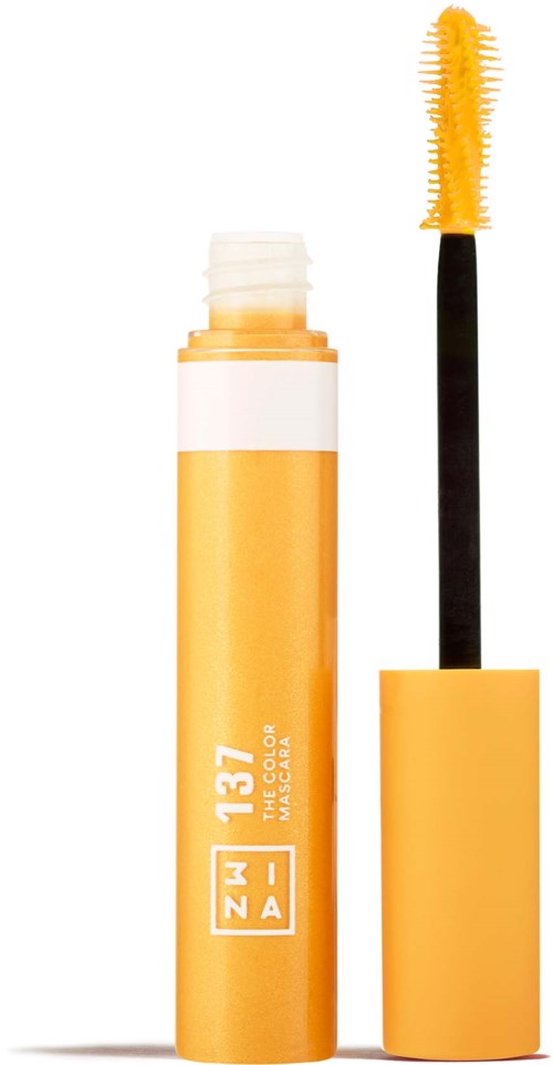 A yellow lip gloss tube with a black wand and yellow brush applicator inside.