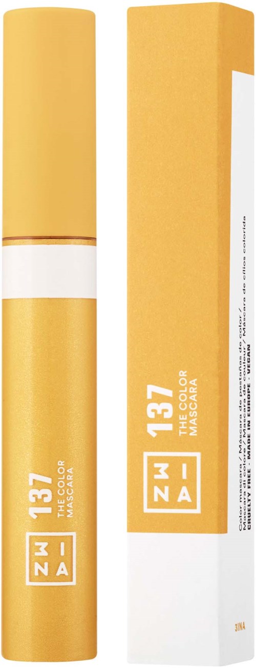 A yellow lipstick tube and box with white and orange labels. The box displays 'NINA 131.'