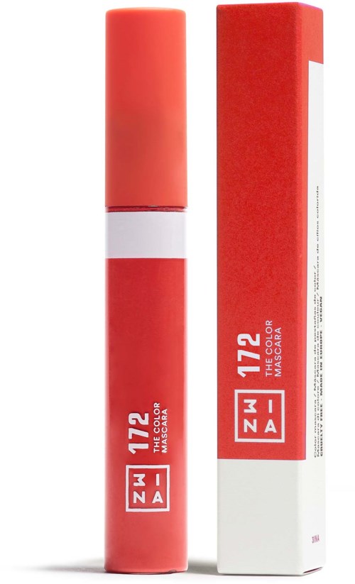 Ein roter Tube und seine Box, beide gekennzeichnet mit 3INA 172 Mascara, stehen aufrecht.