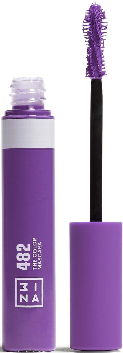 Purple mascara tube with open cap, brush visible, and the label '482' on the tube.