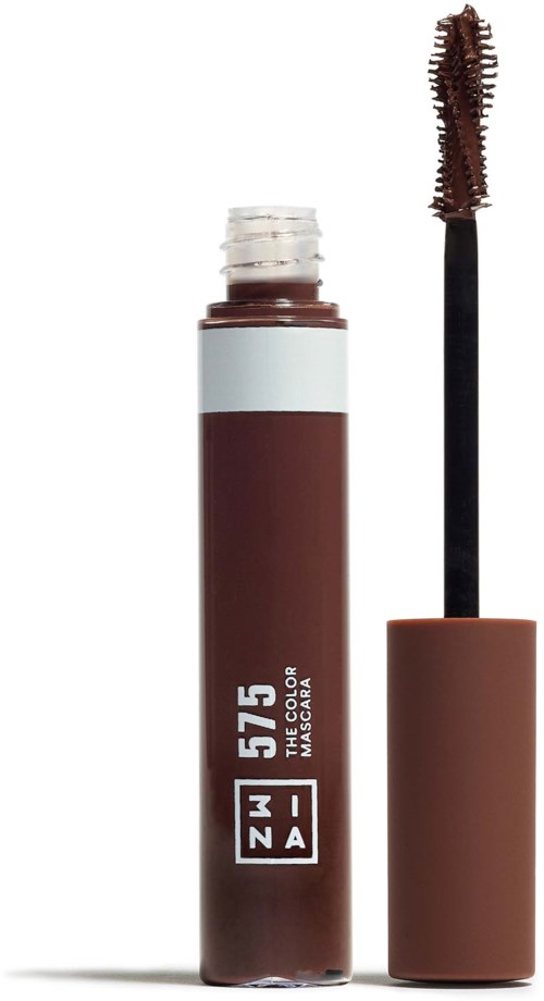 A brown mascara tube with a brush, partially open, showing the product inside.