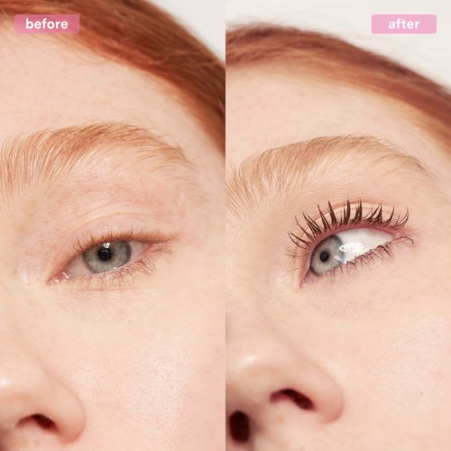 Before and after images show a face with improved makeup, including long eyelashes and well-groomed eyebrows.