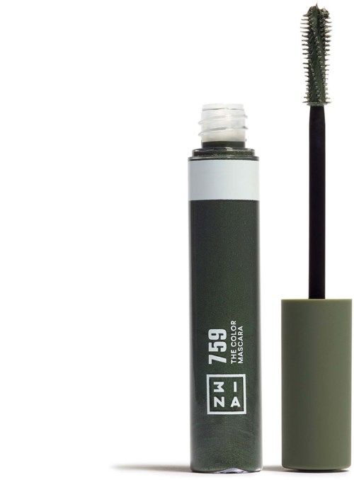 A mascara tube with its wand separated, showing the wand's brush and the open tube. The tube is gray and white.