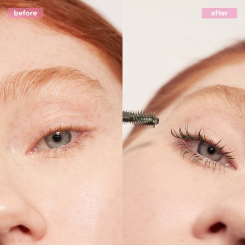 A before and after cosmetic procedure showing a person's eye with enhanced eyelashes and makeup.