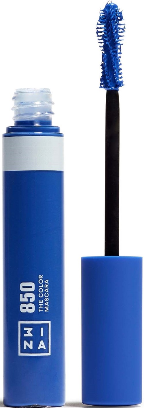 Blue mascara tube with a brush, label shows 850, simple and modern design.