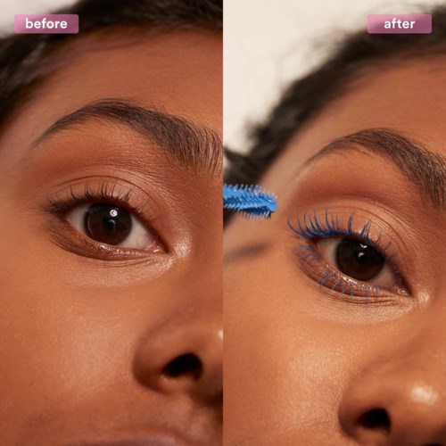 Before and after photo showing eye makeup, with mascara and blue lashes applied.
