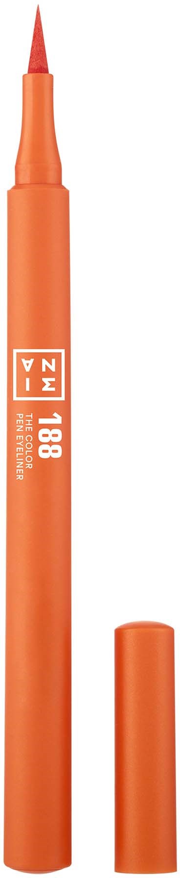 A red-orange marker pen with a cap, labeled with white text and symbols, standing upright.