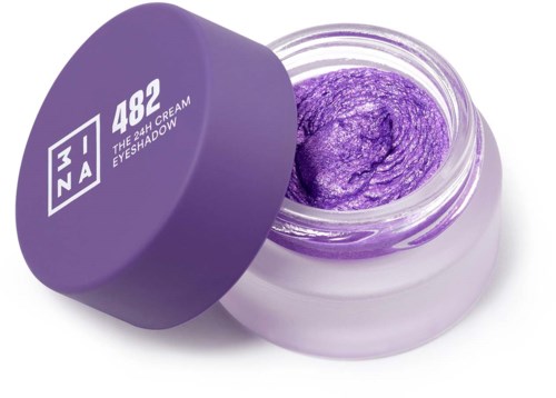 Lila ögonskuggscreme i liten öppen burk med lila etikett, märkt "482, THE 24H EYESHADOW".