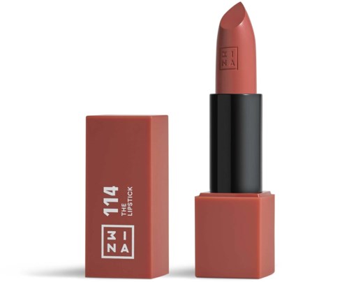 Ett läppstift med svart rör och rosa fodral, märkt '114 THE BAM', står upprätt med borttaget lock.