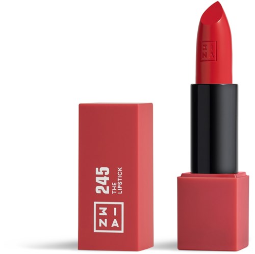Röd läppstift med matchande förpackning, märkt '245 THE LIPSTICK', står upprätt.