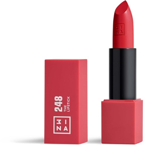 En röd läppstift med svart fodral och rosa förpackning som det står "248 THE LIPSTICK" och "ZNA."