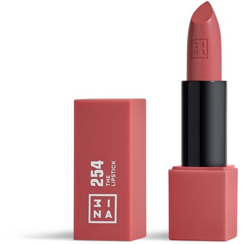 En rosa läppstift med svart grund och rosa omslag, märkt "254 THE LIPSTICK," står upprätt.