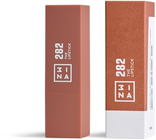 Ett läppstift i rosa förpackning och dess matchande ytterkartong med varumärke och produktinformation.