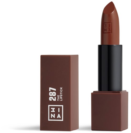 En brun läppstift i ett svart fodral med en matchande brun förpackning, märkt '287 THE J립STICK' och 'NINA' ingraverat.
