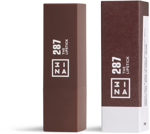 En brun läppstiftstub och låda med vit text och logo, märkt '287 THE LIPSTICK' av NZA.