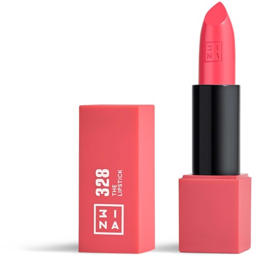En rosa läppstift med svart etui och en rosa låda bredvid, märkt NZA och märkt "328 THE LIPSTICK."