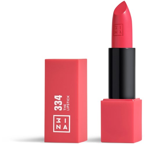 Ett rosa läppstift med locket taget, som visar läppstiftet. Rosa box med vit text och logo.