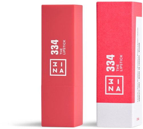 En rosa läppstiftslåda och ett rör med vit och rosa förpackning, båda märkta ZMW 334 THE LIPSTICK.