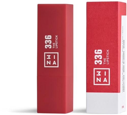 Röd läppstift med "336" och "The Lipstick" skrivet på förvaringsfacket och förpackningen.