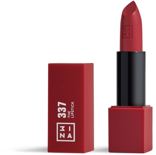 En röd läppstift i ett svart fodral, med en matchande röd förpackning som visar namnet '337 THE PERFECT LIPSTICK' och logo.