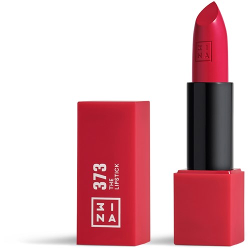 Ett ljust rosa läppstift med svart hölje och en matchande rosa ask visar orden "374 THE LIPSTICK" och "ZNA."