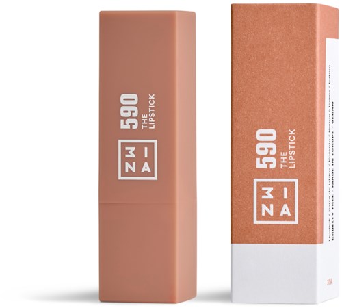 En läppstiftförpackning i mjukt rosa med vit och brun text, och en matchande box bredvid.