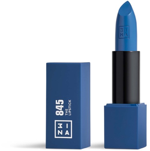 Blå läppstift i svart rör med matchande blått förpackning bredvid, märkt "845 THE LIPSTICK."