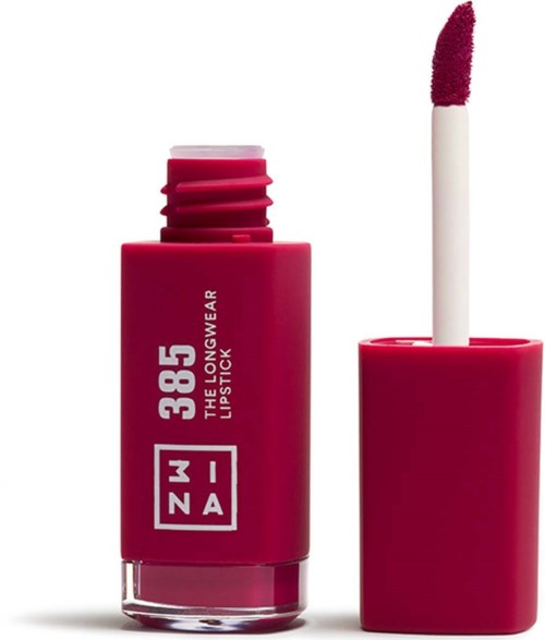 Läppstift med en magentafärgad förpackning och en matchande applikator, etiketten säger '385 THE LONG WEAR LIPSTICK'.