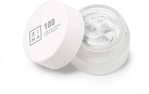 A small white jar with cream and a white lid labeled '3INA 100 The 24 Hour Eyeshadow' inside.