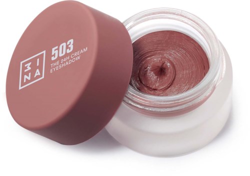 Ett litet lock med rosa ögonskugga och ett matchande rosa lock. Loggan läser "3INA, 503, The 24H Cream Eyeshadow."