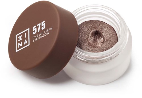 A small jar of eyeshadow with brown color, and a brown lid that says '3INA The 24H Cream Eyeshadow'.
