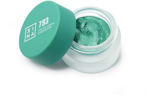 A small round container of green eyeshadow with a matching lid labeled '3INA The Soft Cream Eyeshadow.'