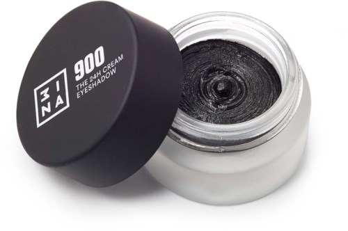 A small jar of black gel eye shadow with a black lid that reads "900 THE 24 HOUR EYE SHADOW."