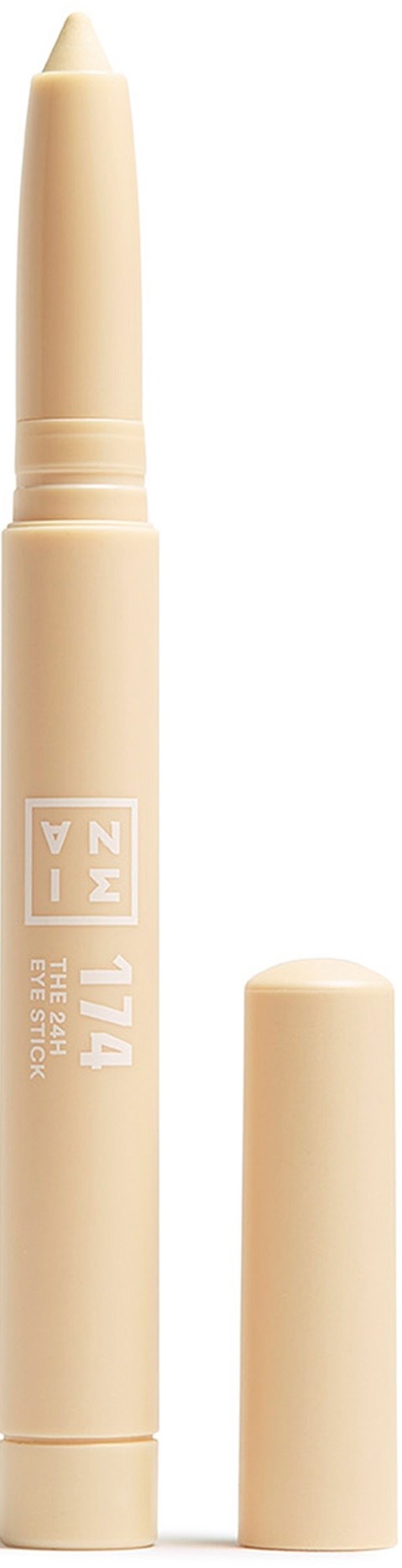 A beige marker with its cap removed, showing a chisel tip. The marker has text and numbers on it.
