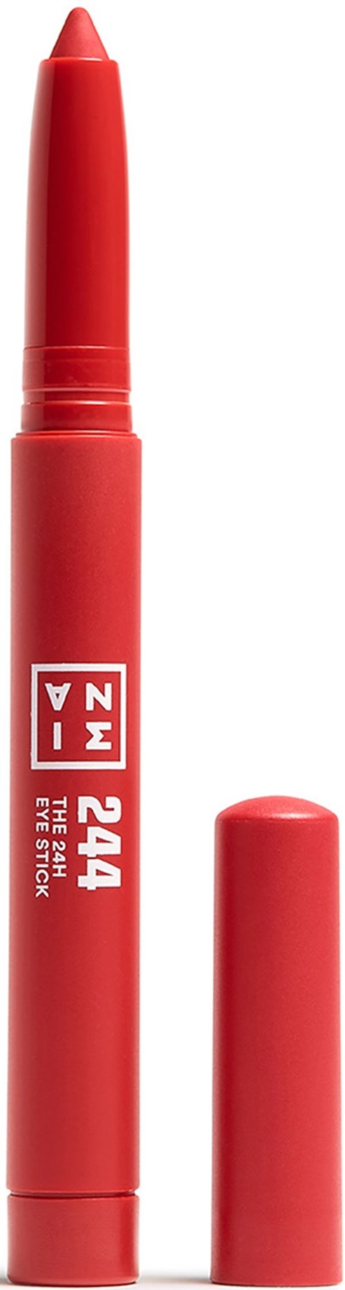 A red makeup eye stick with the cap removed, showing the pointed tip for application.