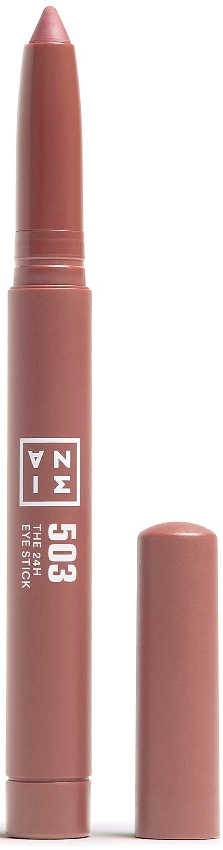 A pink makeup pencil with the cap removed, showing the pointed tip, labeled 103 for eye style.
