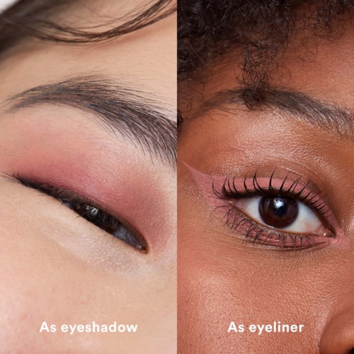 Two women with different skin tones show makeup: pink eyeshadow, eyeliner, long lashes, and well-groomed eyebrows.