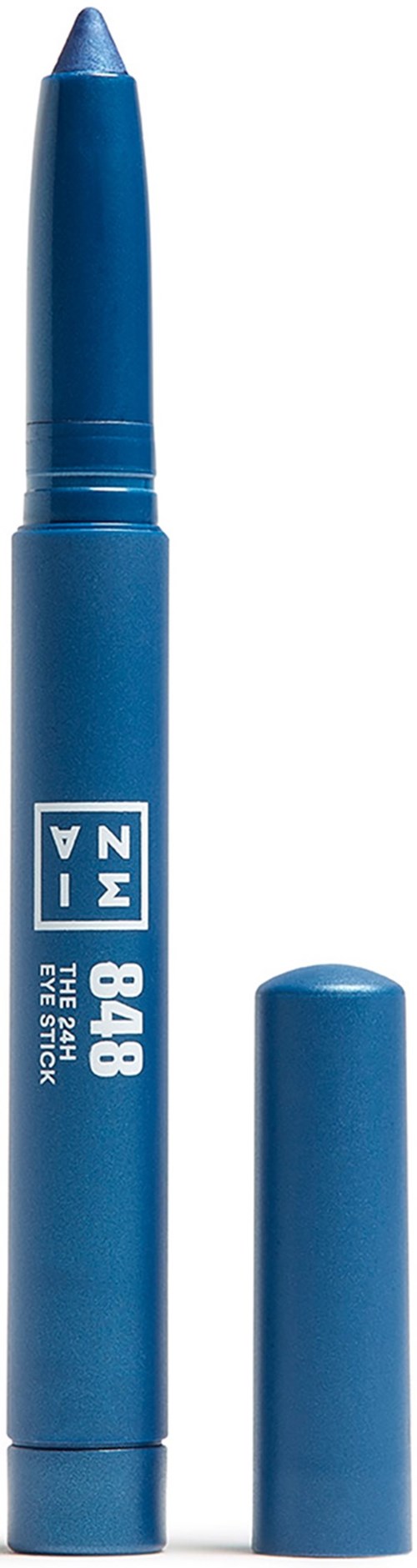 Blue marker pen with a cap, standing upright, marked with white text and logo.