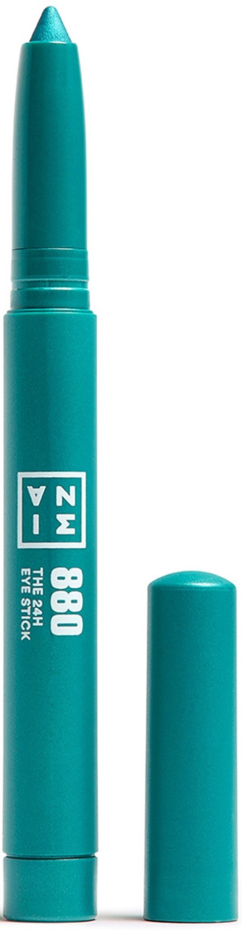 A teal marker with open cap, displaying white text and symbols on the body.