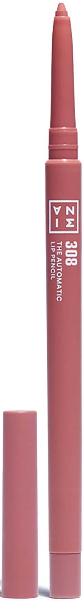 Pink makeup pencil with a cap. It has white text and a pointed tip for applying makeup.