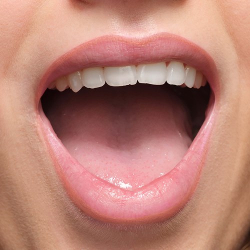 A person is opening their mouth wide, showing teeth and tongue, with lips slightly parted.