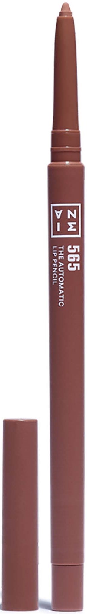 A brown lip liner pen standing upright with cap removed, showing the tip, and label with brand and color number.