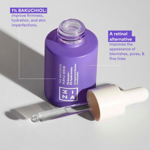 A purple skincare bottle with a dropper and two informational texts about ingredients and their benefits.